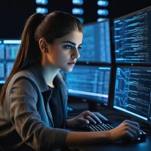 [[Sonia Ben Ammar]]  photo of a young woman programmer working with lines of code on multiple screens, illustrating the tech industry. , ,raw photo,8k uhd,dslr,soft lighting,high quality,film grain,Hyperrealismus hyperrealistic,detailed face,realistic eyes, godrays, bright  Negative prompt:  low-quality,blurred,jpeg artifacts,cropped image,out of shot,cartoon,cg,comic,drawing,bad art,bad artist,bad fan art,CGI,grainy,kitsch,lazy art,less creative,lowres,noise,bad composition,mutated body parts,blurry image,disfigured,bad anatomy,deformed body features,double head,double figure,double body,extra fingers,mutated hands,poorly drawn hands,mutation,deformed,dehydrated,bad proportions,extra limbs,cloned face,gross proportions,malformed limbs,missing arms,missing legs,extra arms,extra legs,fused fingers,too many fingers,long neck,disconnected head,malformed hands,huge calf,fused hand,disappearing arms,disappearing thigh,disappearing calf,disappearing legs,abnormal eye proportion,Abnormal legs,
Steps: 25, Sampler: DPM++ 2M Karras, CFG scale: 7, Seed: 2962093069, Face restoration: CodeFormer, Size: 1024x1024, Model hash: dc26c5f864, Model: RealityVision, Version: v1.6.0-2-g4afaaf8a